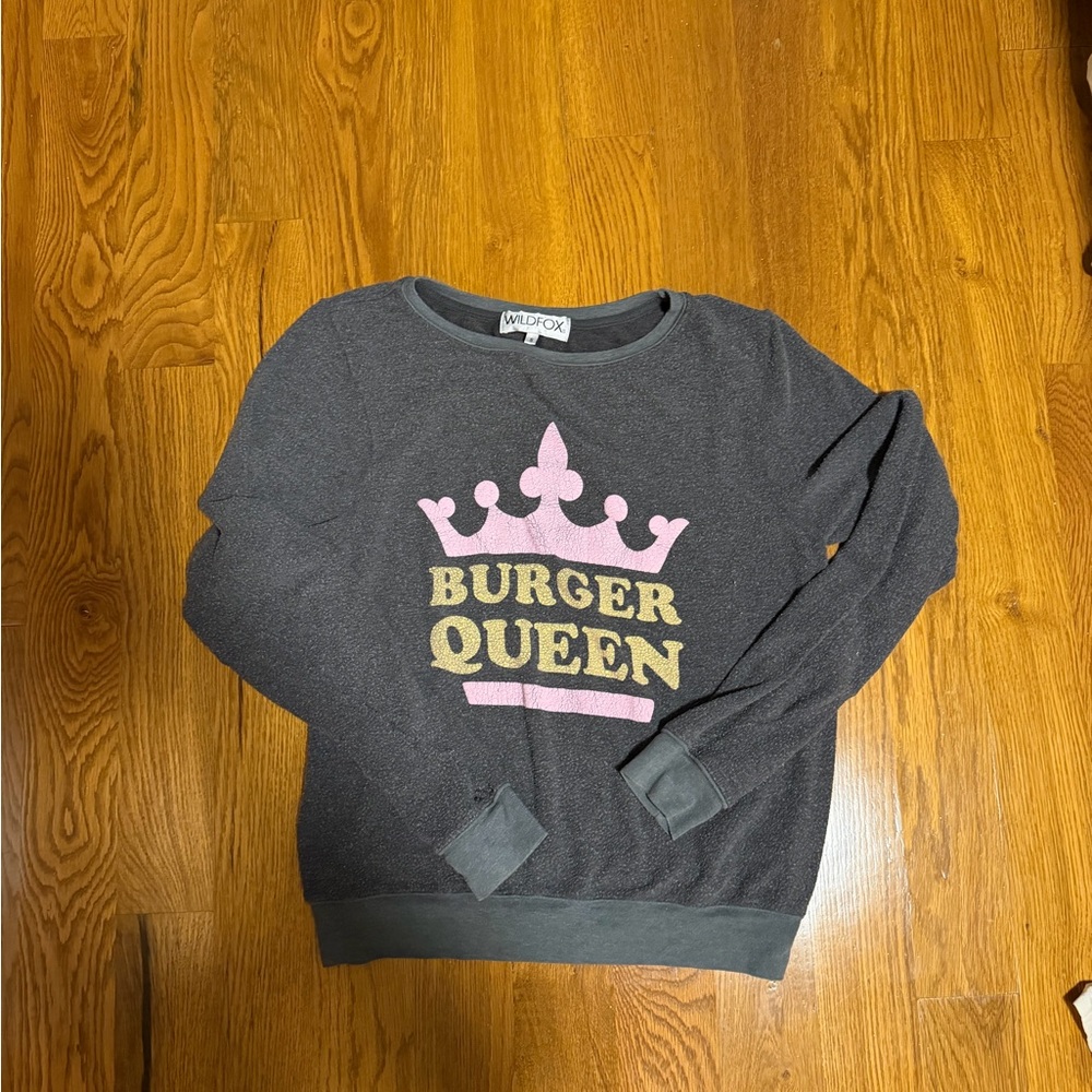 Wildfox Charcoal Sweatshirt with Pink Crown & Gold 'Burger Queen' Graphic